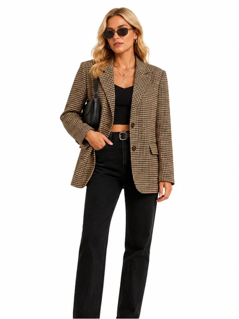 ICHI Houndstooth Blazer Jacket Tannin Check Size 40 large NWT Smart Casual